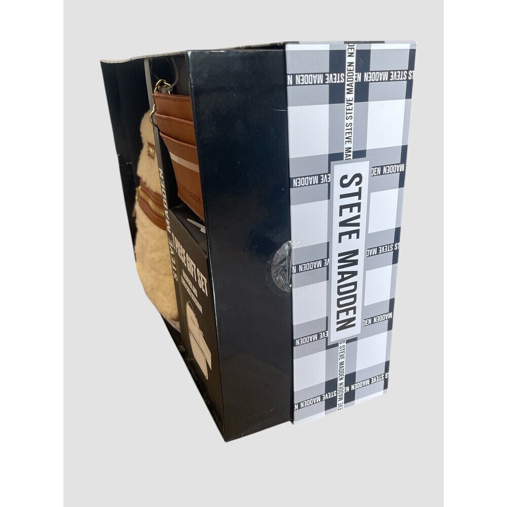 Steve madden Cream / Brown Sherpa Mini Backpack With Card Case Sets Gifting NIB - Picture 4 of 5